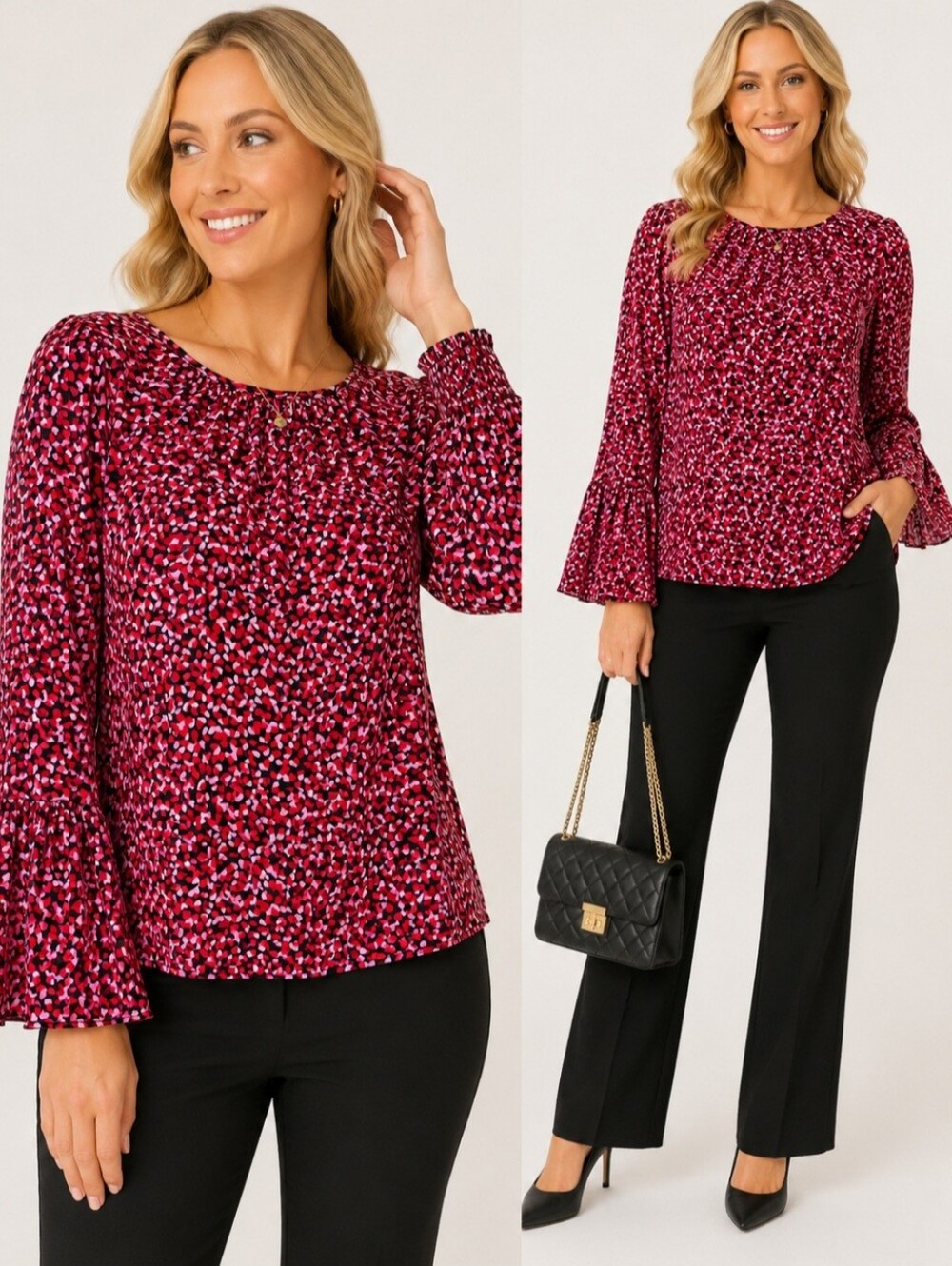 MICHAEL Michael Kors Pink & Red Bell Sleeve Floral Print Peasant Top NWOT M‎